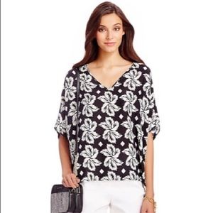 DVF Adria Silk Leaf Print Black White Tunic Top